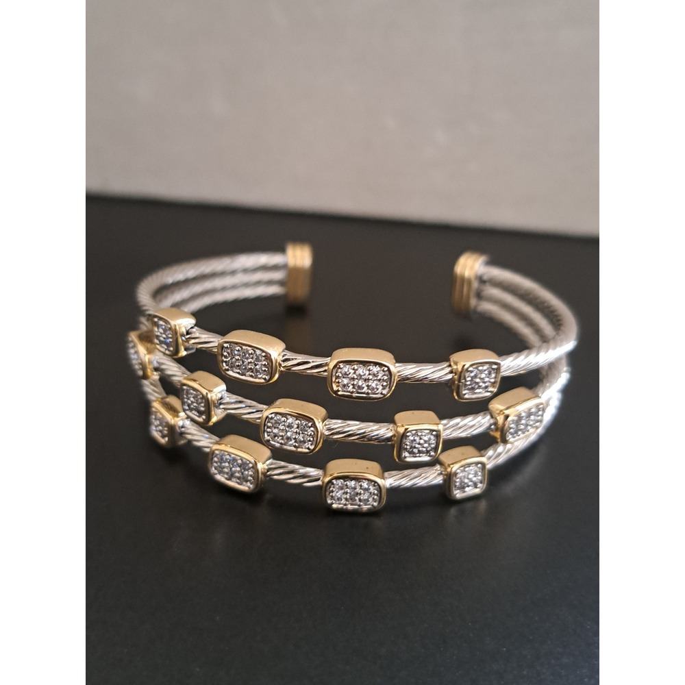 Womens Two Tone Triple Row Cable Cuff Bracelet Pave Crystal Stations Silver Gold
